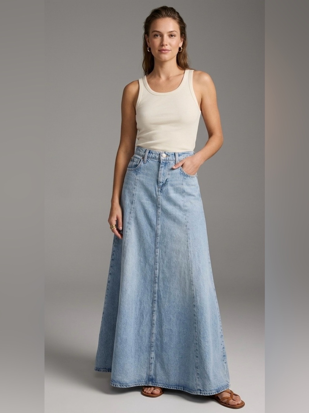 7 For All Mankind drama Maxi Skirt Light Wash Flare A-Line Long Skirt western